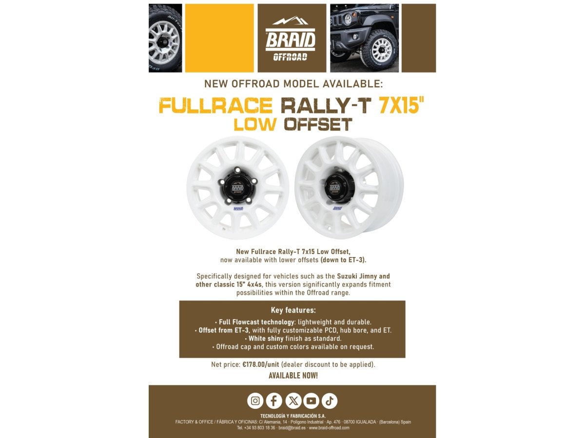 Jante Alu BRAID Fullrace Rally Blanche 7x15 5x139.7 ET-3 - Suzuki Jimny 2018+