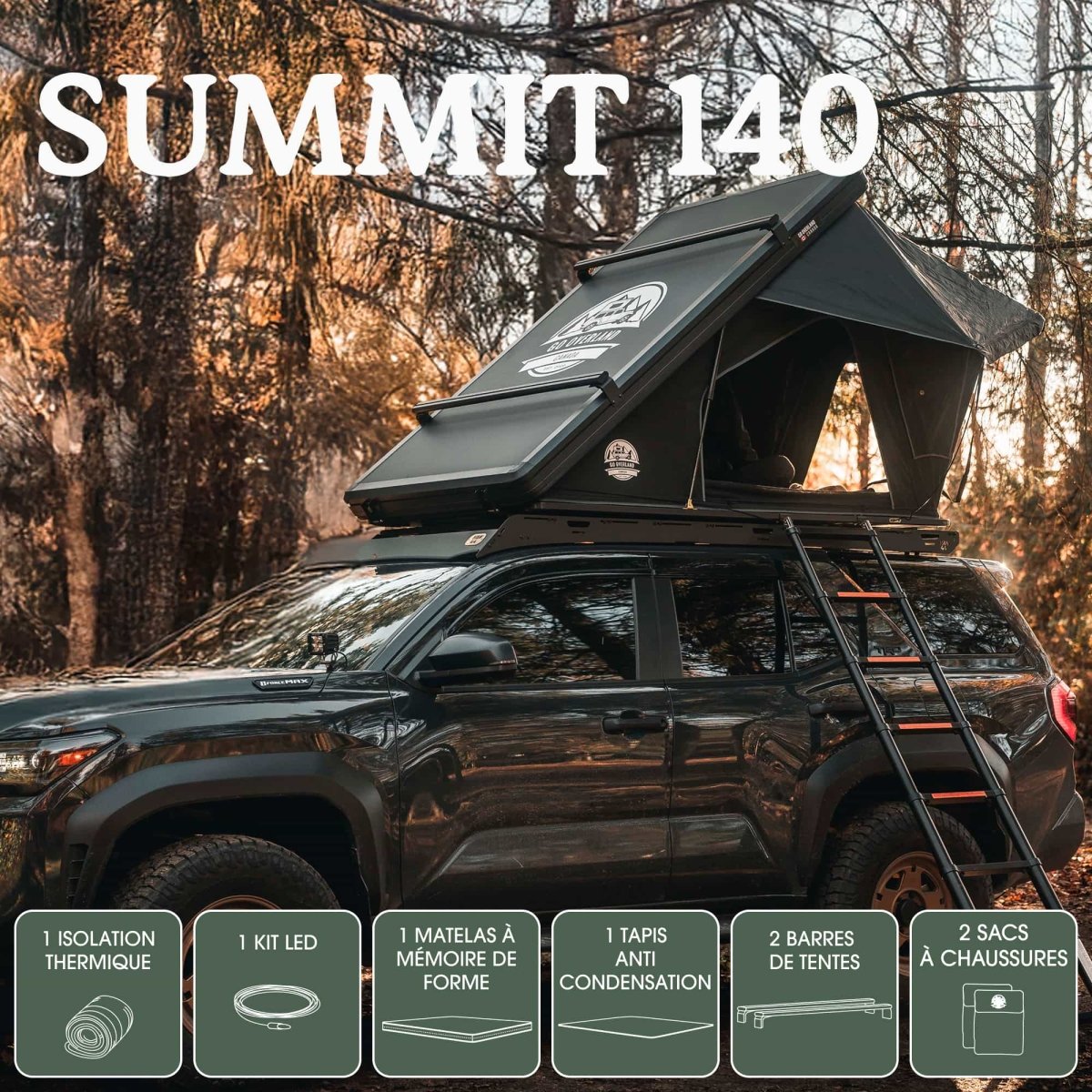 Tente de Toit Summit 140 GO OVERLAND – Coque Aluminium Ultra-Légère - BYD Shark 2024+