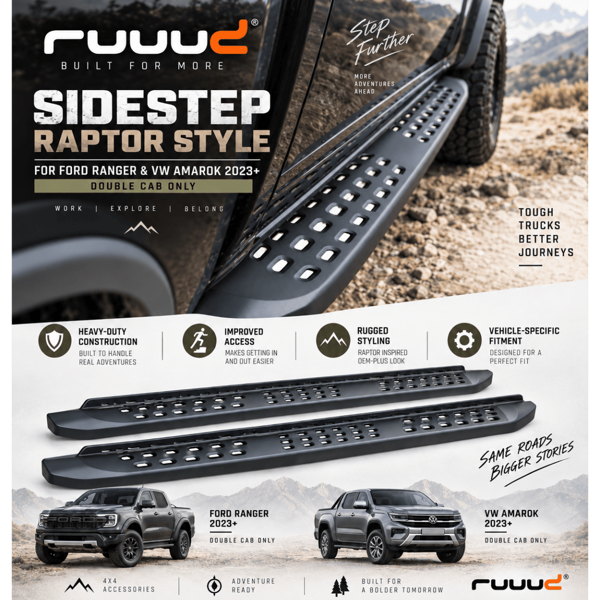 Marchepieds Latéraux Aluminium Style Raptor Ford Ranger T9 & VW Amarok 2023+ - RUUUD Xperts 4x4