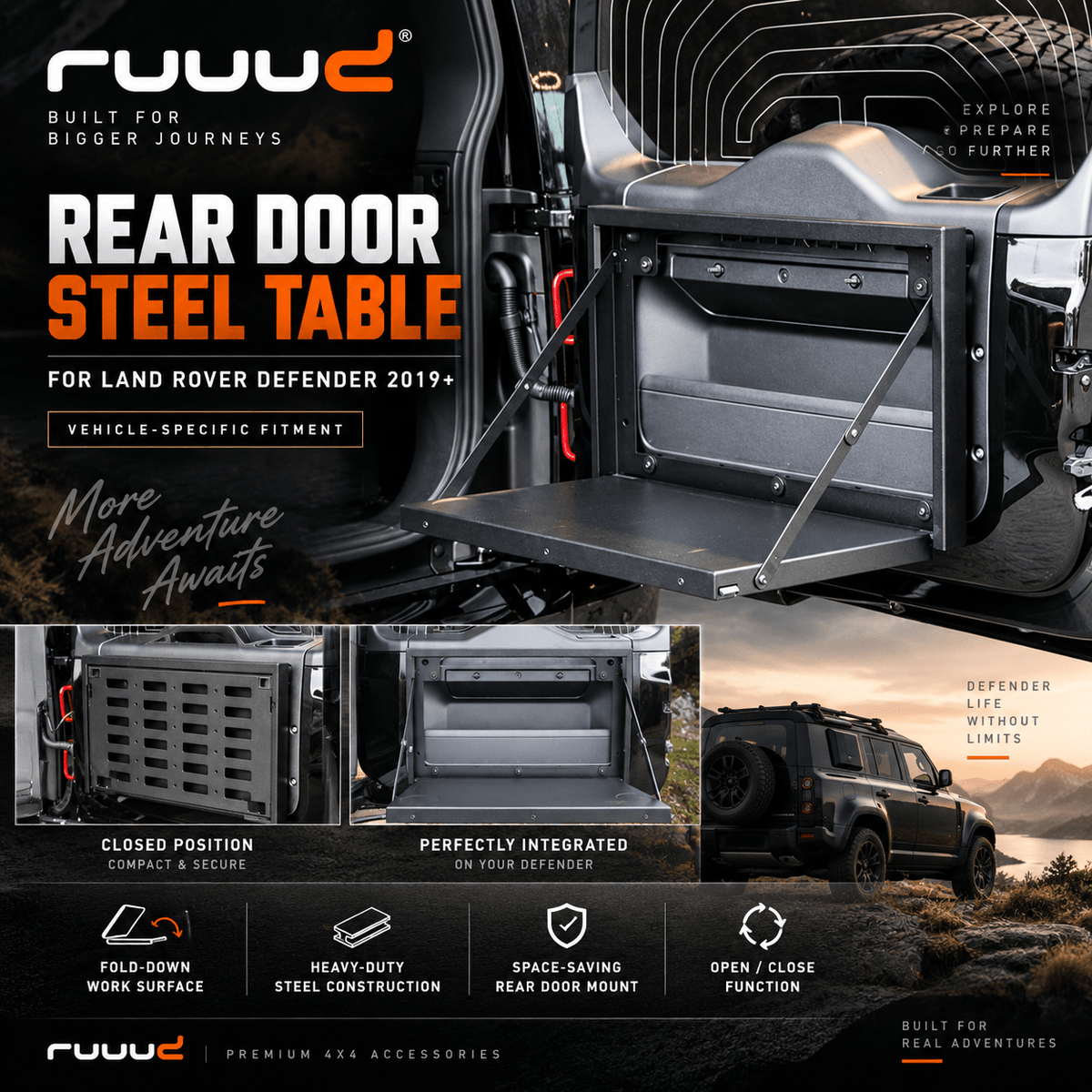 Table Rabattable en Acier pour Porte Arrière Land Rover Defender 2019+ - RUUUD Xperts 4x4